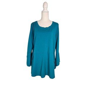 Isaac Mizrahi Live Women's Tunic Top, Size L Scoop Neck Long Sleeve Teal